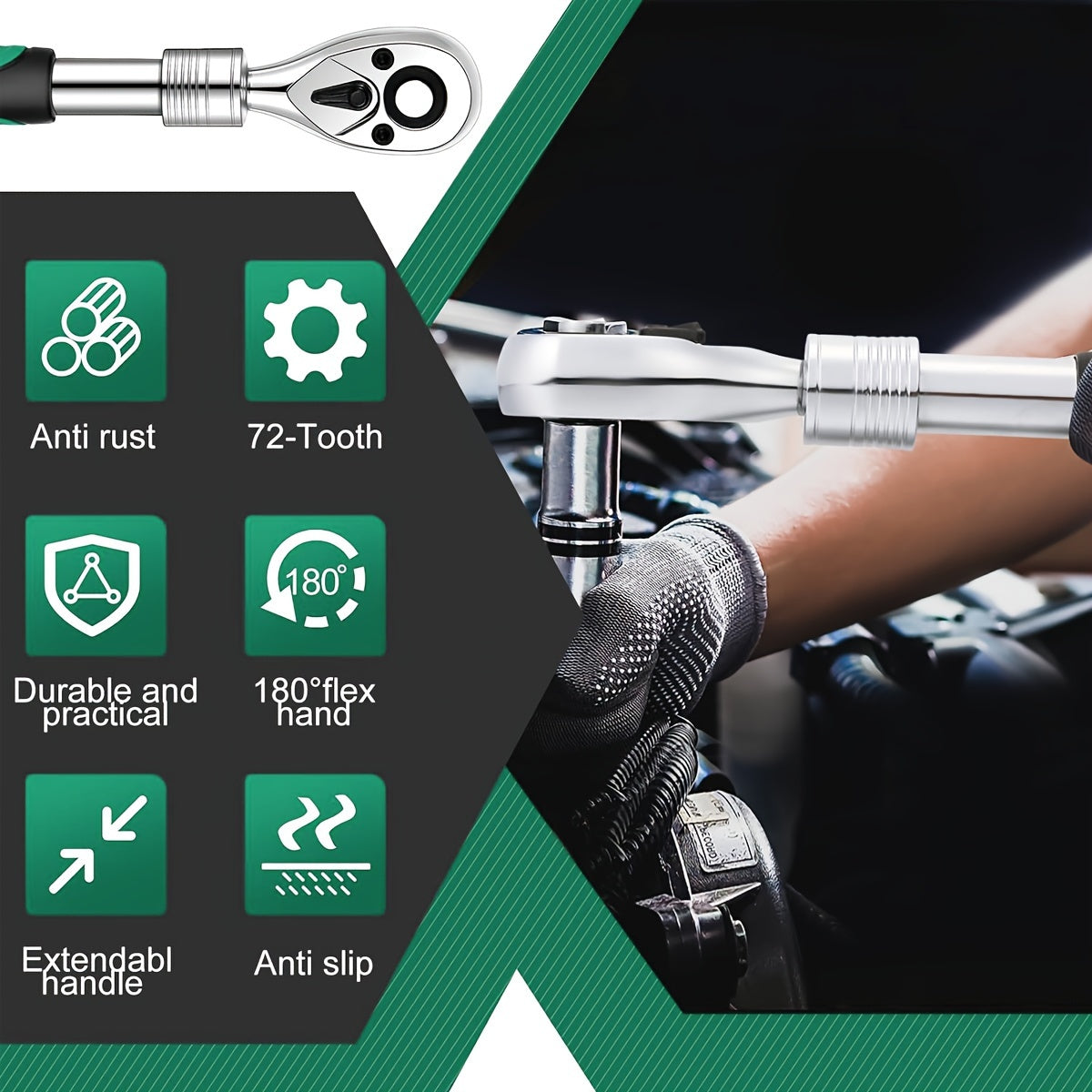 Extendable Ratchet Set 3-Piece 1/4 3/8 1/2 Inch Drive 72-Tooth Quick-Release with Soft Grip Handle – Reversible Gear Socket Wrench for Mechanics