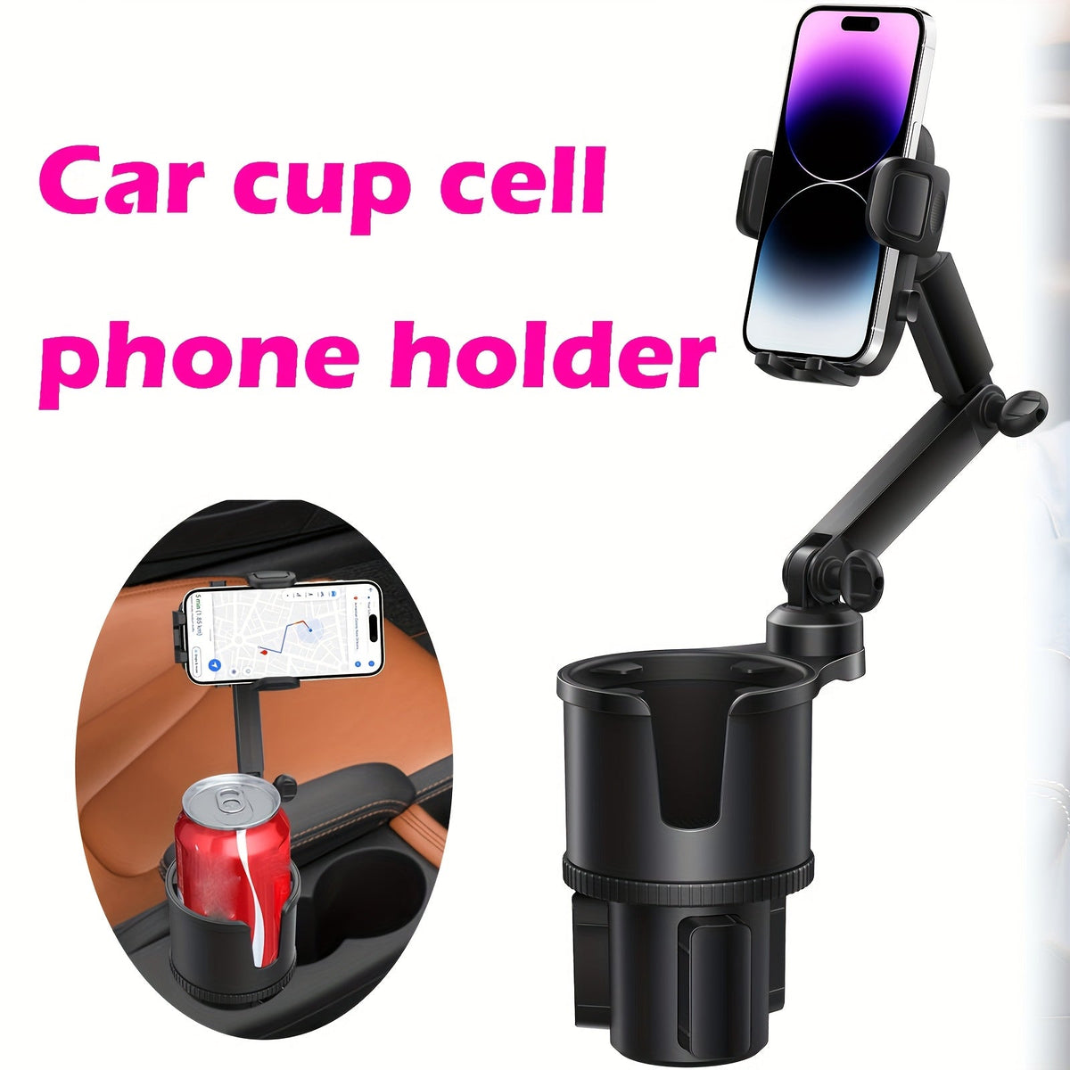 Car Cup Holder Extender 2-in-1 – Swivel Phone & Cup Holder for Car SUV Truck with Shock Trim, Black
