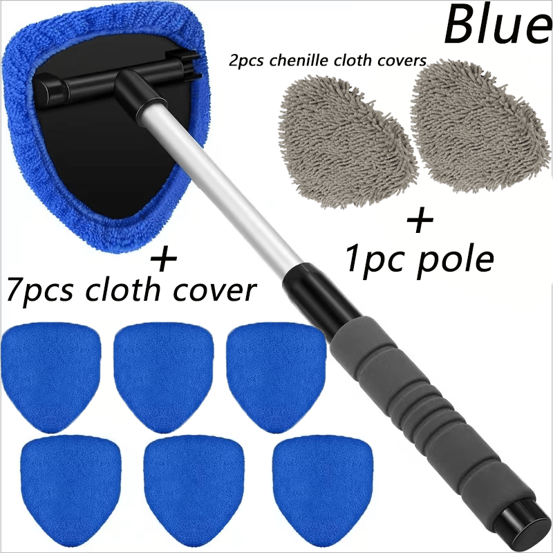 Car Windshield Cleaning Kit 10pc – Telescoping Handle, Microfiber & Chenille Covers for Interior & Exterior Glass
