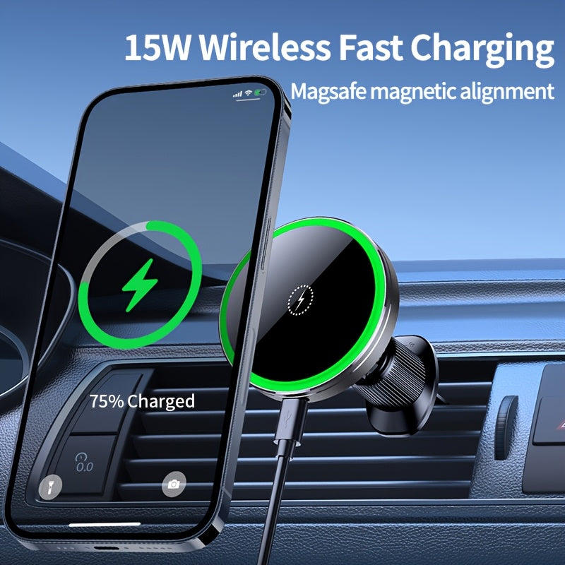 MagSafe Car Wireless Charger for iPhone 12-16, Magnetic Air Vent Mount, Qi1 Fast Charging, Dual Cooling Fans, Circular Design