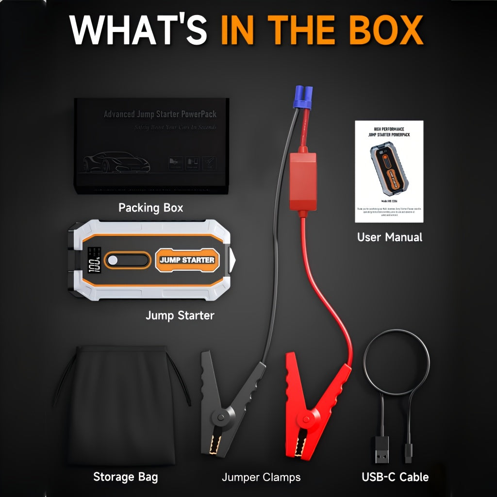 Jump Starter 6000A Peak All-in-One Portable Car Battery Booster Pack with USB Ports LED Flashlight Safety Hammer for 12V Cars SUVs Trucks