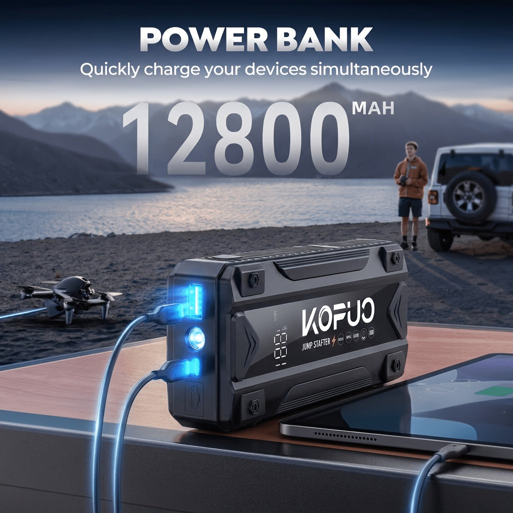 Portable Car Jump Starter 6000-20000A Peak – 7-in-1 with 150PSI Air Compressor, Power Bank, LED Light & Smart Clamp, 12V Battery Booster