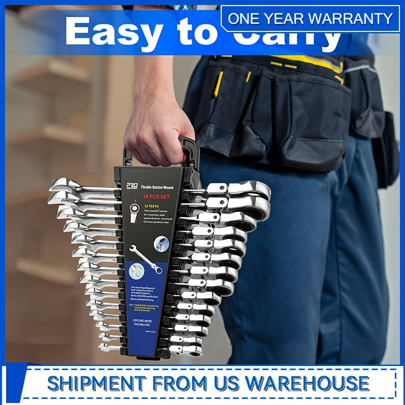14-Piece SAE Flex Head Ratcheting Wrench Set – 1/4" to 7/8", 72-Tooth 5° Arc, Chrome Vanadium Steel, 180° Flex Head, with Organizer Rack