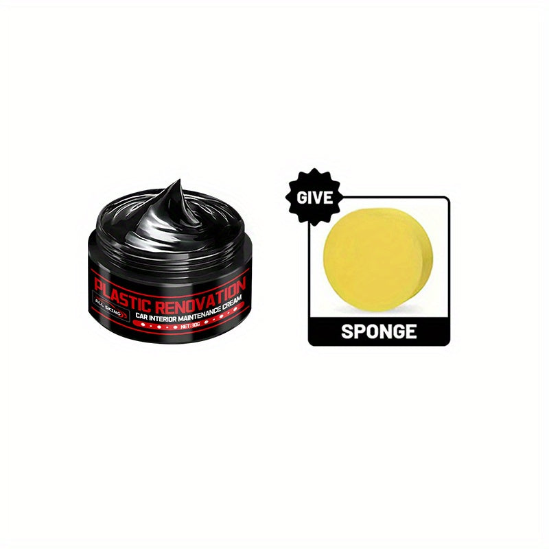 Plastic Restorer Paste 30g – Black Interior Trim Polish, Anti-Aging Refurbishment Cream for Car Plastic, Leather & Tire Shine with Sponge