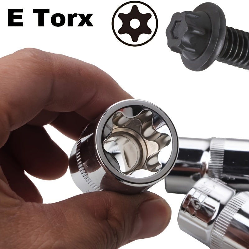 External Torx Socket Set 14pcs E4-E24, 1/4" 3/8" 1/2" Drive E-Torx Star Sockets, Cr-V Steel with Storage Box, for Cars Trucks & Auto Repair