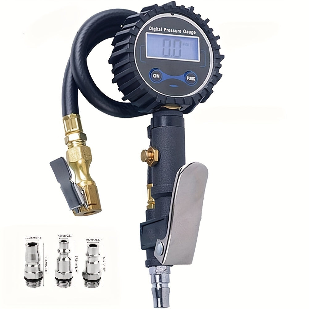 Digital Tire Pressure Gauge Inflator 0-200 PSI LCD Backlight Pistol Grip Aluminum Alloy for Car Truck Motorcycle Bike with 3 Connectors