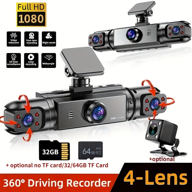 360° Dash Cam 3/4 Channel – 1080P Front + 720P Front/Rear/Left/Right Full Coverage, Night Vision, WDR, G-Sensor & Loop Recording