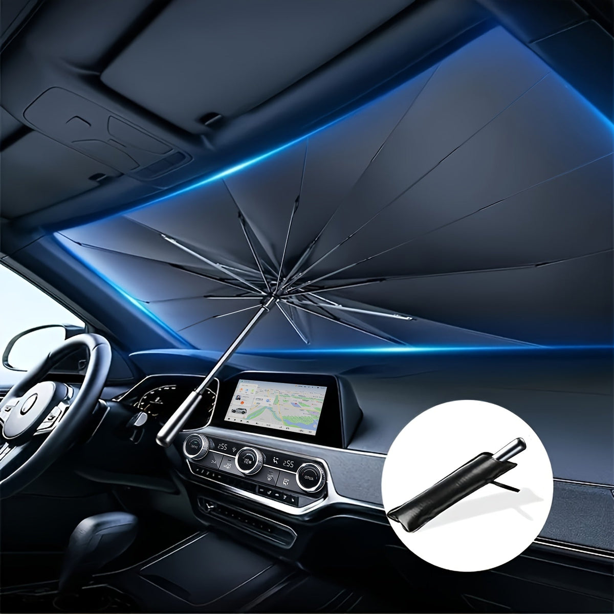 Windshield Sun Shade UV Protection – Auto-Open Foldable Fiberglass Heat Blocker | Car SUV Truck Front Visor Universal Fit Black