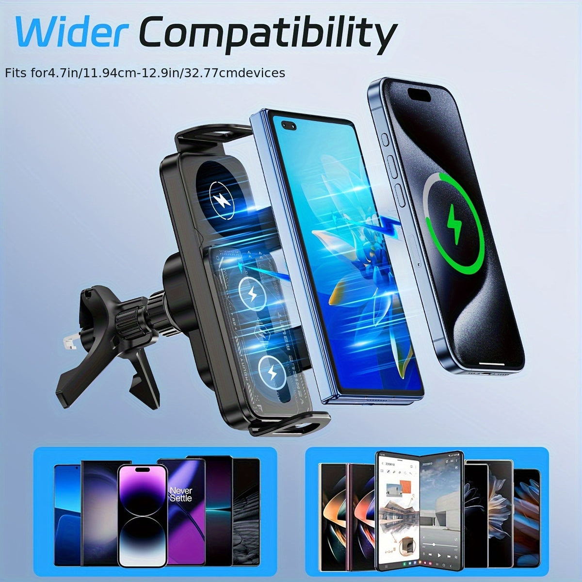 15W Wireless Car Charger Mount, Auto-Clamping, Electric Rotation, Fast Charging for iPhone 16/15/14/13/12 & Samsung Z Fold6/5/4, 4.3"-6.9" Phones
