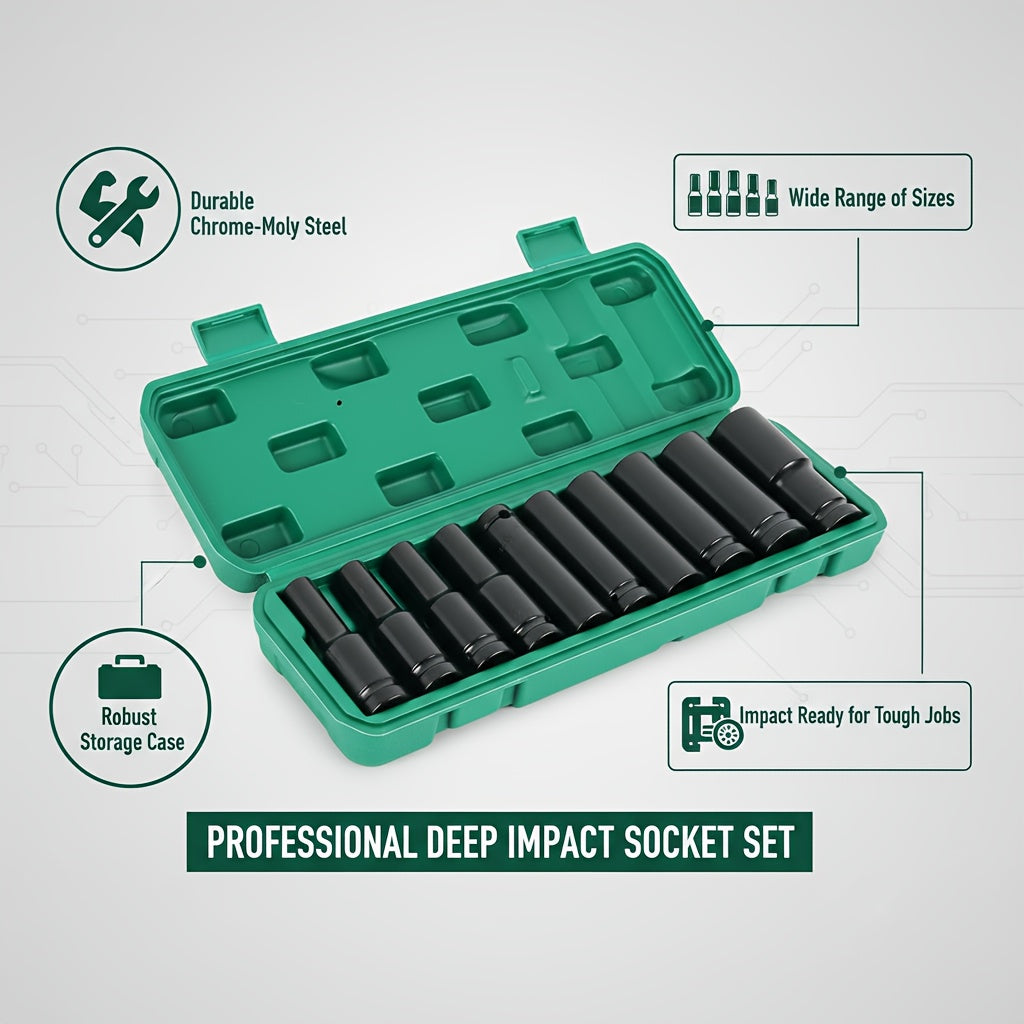 1/2-Inch Drive Deep Impact Socket Set – Chrome Vanadium Steel, Pneumatic & Electric Drill Compatible, Tire Removal & Auto Repair, with Green Storage Case (15 or 20 Piece)