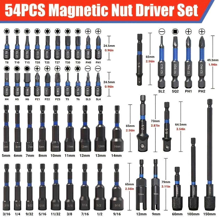 Magnetic Socket & Screwdriver Set 10-54pcs, 1/4" Hex Shank Impact Driver Bits, Chrome Vanadium Steel, SAE & Metric Nut Driver Drill Bit Kit — Canvas Bag or Red Box