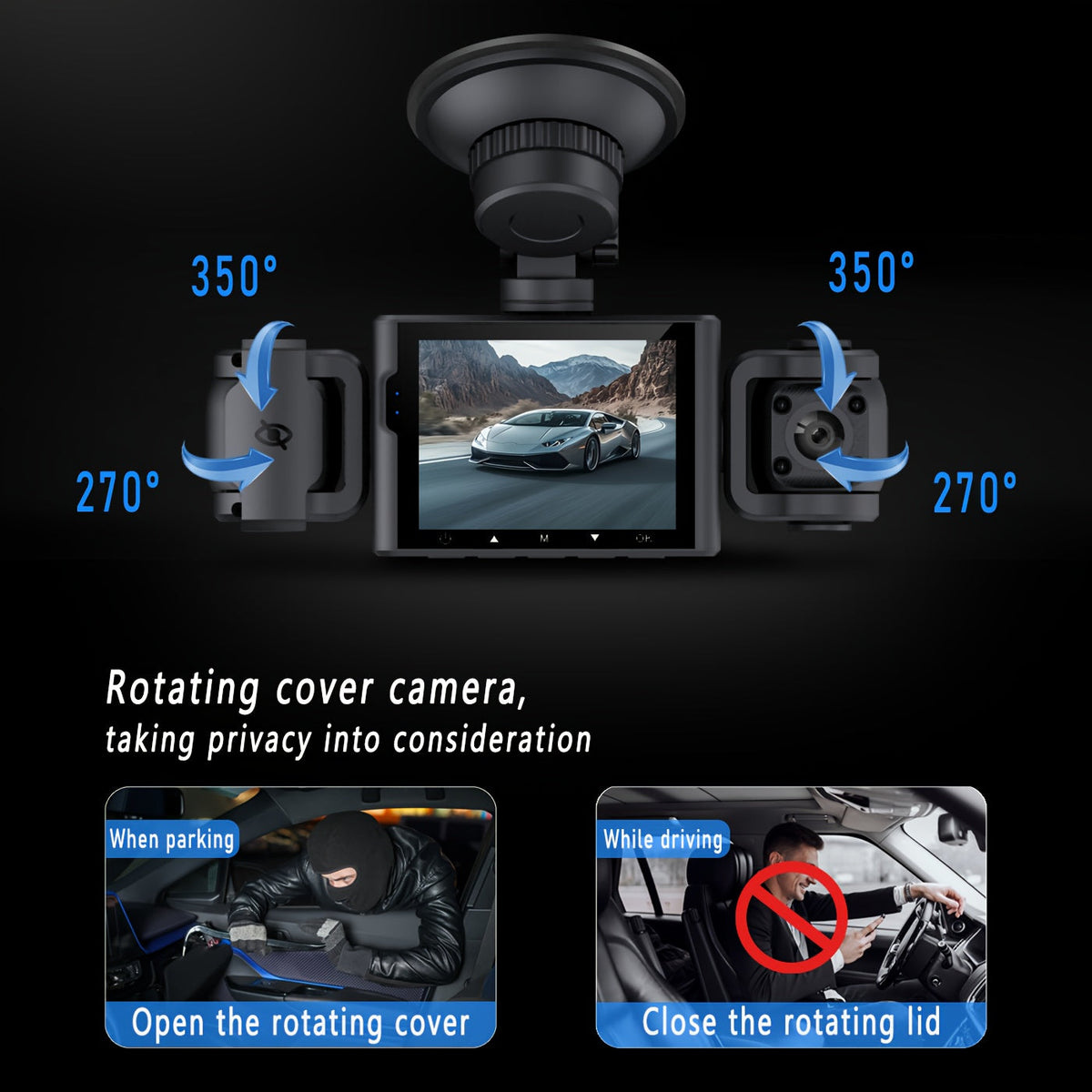 4-Lens 360° Dash Cam 1080P – Front Rear Left Right Coverage, 2.4" Quad-Split Screen, Super Night Vision WDR, G-Sensor Loop Recording, Optional 64GB Card