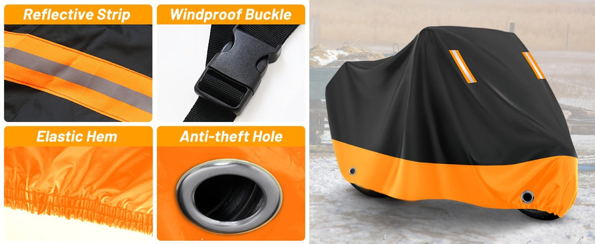 Motorcycle Cover Waterproof 210D Oxford Cloth - All-Weather UV & Dust Protection, Reflective Strips, Fits Harley Honda Suzuki & More, Black Orange, M XL XXL XXXL