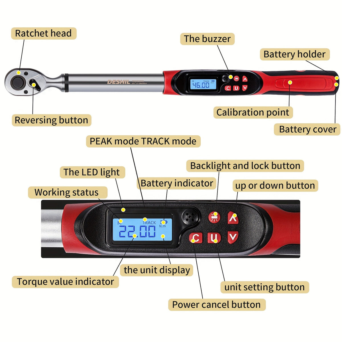 Digital Torque Wrench 1/2" & 3/8" Drive, LCD Display Buzzer & LED Alert, 4-Mode Cr-V, ±1% Accuracy, Preset & Data Storage, for Bike Motorcycle Auto Repair