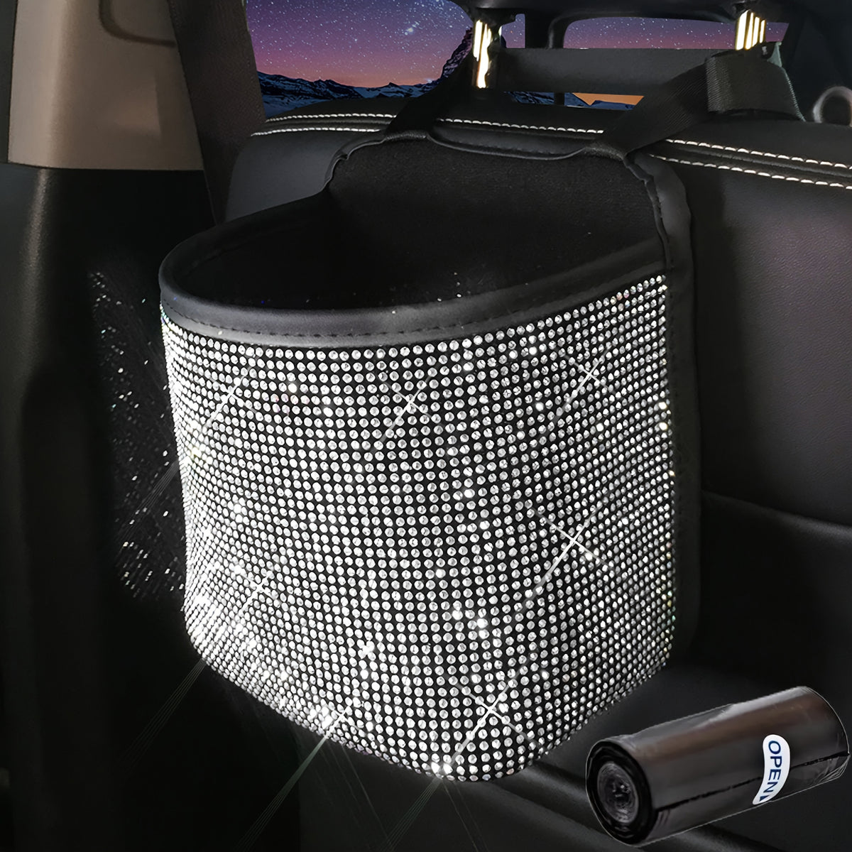 Bling Car Trash Can with Rhinestones Hanging Seat Back Organizer Sparkling Glam Car Interior Accessory with Trash Bag for Car SUV Minivan Truck Gift for Women