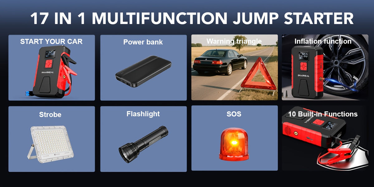 Portable Jump Starter with Air Compressor, 15000A-21000A Peak 350PSI 12V 17-in-1, Car Battery Charger with LED Light, for Cars Trucks SUVs
