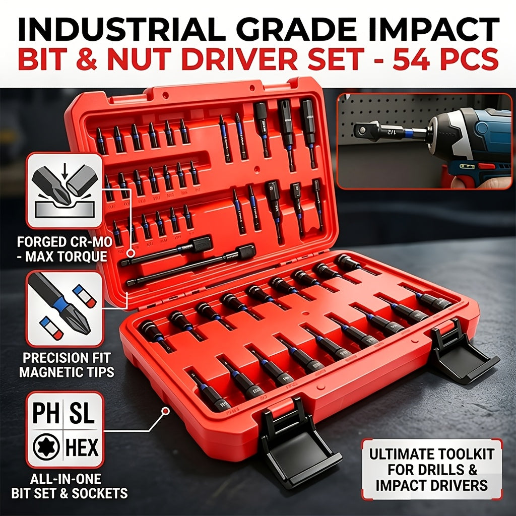 Magnetic Socket & Screwdriver Set 10-54pcs, 1/4" Hex Shank Impact Driver Bits, Chrome Vanadium Steel, SAE & Metric Nut Driver Drill Bit Kit — Canvas Bag or Red Box