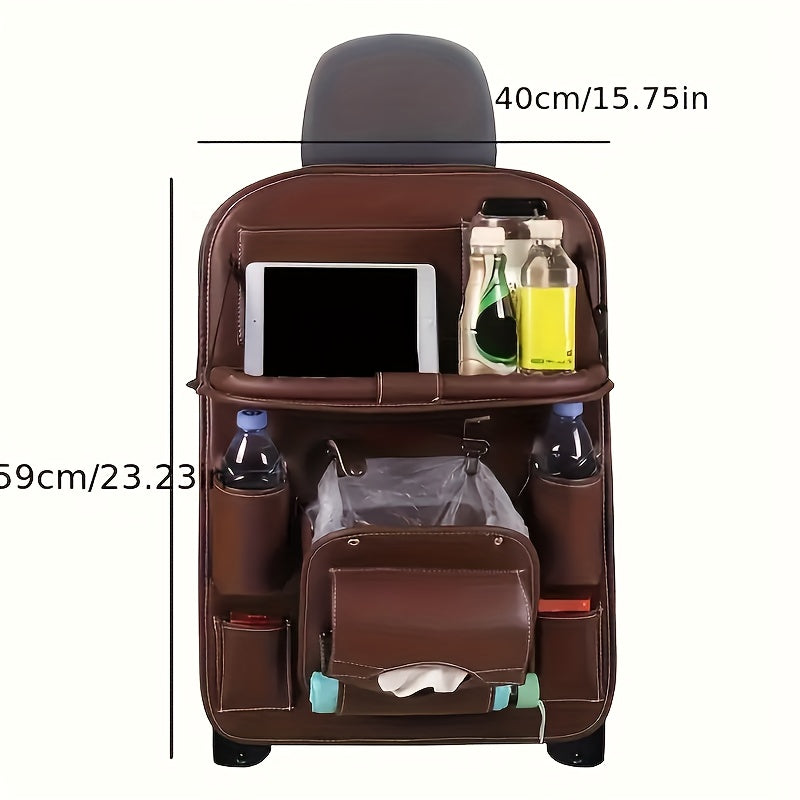 Car Back Seat Organizer 2pcs All-in-One – Foldable Table Tray Kick Mats Cup Holder Tissue Box Umbrella Holder Laptop Tray SUV Truck Khaki Coffee