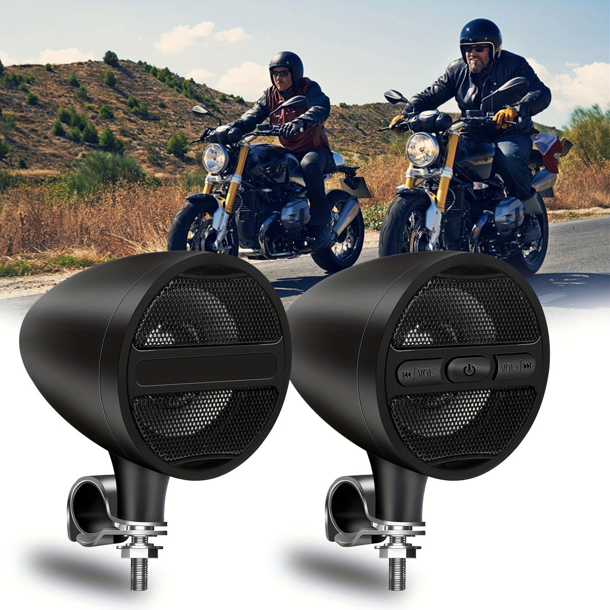 Motorcycle Handlebar Speaker 12V Wireless - MP3 USB FM Radio Stereo Audio, Weather-Resistant Plug & Play, Universal Handlebar Mount, Black