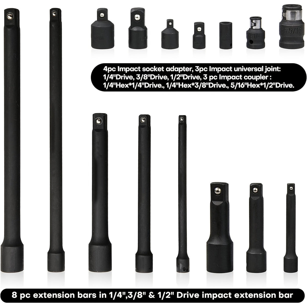 Drive Socket Accessory Kit 18-Piece Socket Adapters Extension Bars Universal Joints Impact Couplers for 1/4 3/8 1/2 Drive Ratchet Wrench Set