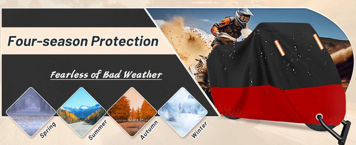 Motorcycle Cover 210D Oxford Cloth Waterproof All-Weather – Reflective Stripes for Harley Davidson Honda Suzuki Kawasaki Yamaha M & XXXL Black Red