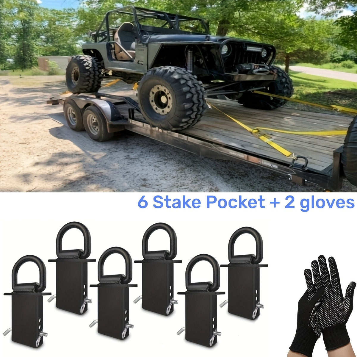 Stake Pocket D-Ring Tie Down Anchors Heavy Duty 12000LBS for Flatbed Trailer Truck Cargo – 6 or 8 Pcs with Hitch Pin & Anti-Slip Gloves