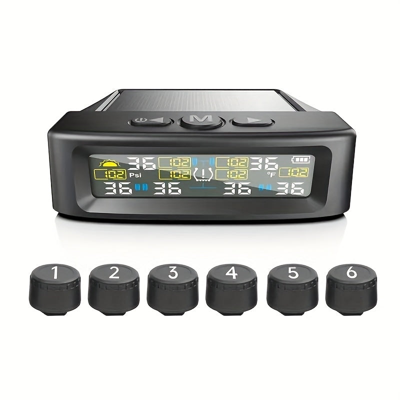 TPMS 6-Wheel Tire Pressure Monitoring System – Solar Charging, 6 Sensors, 6 Alarm Modes, Real-Time Display, Universal Fit for Truck SUV RV