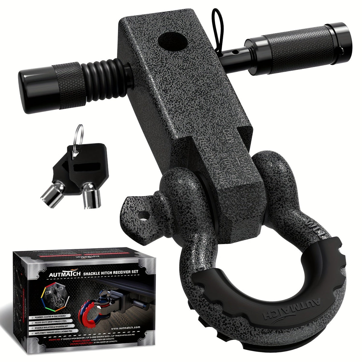 Shackle Hitch Receiver Kit 2 Inch Heavy Duty 45000LBS Break Strength Drop-Forged Steel with Lock Pin & D-Ring for Truck RV ATV Boat Recovery