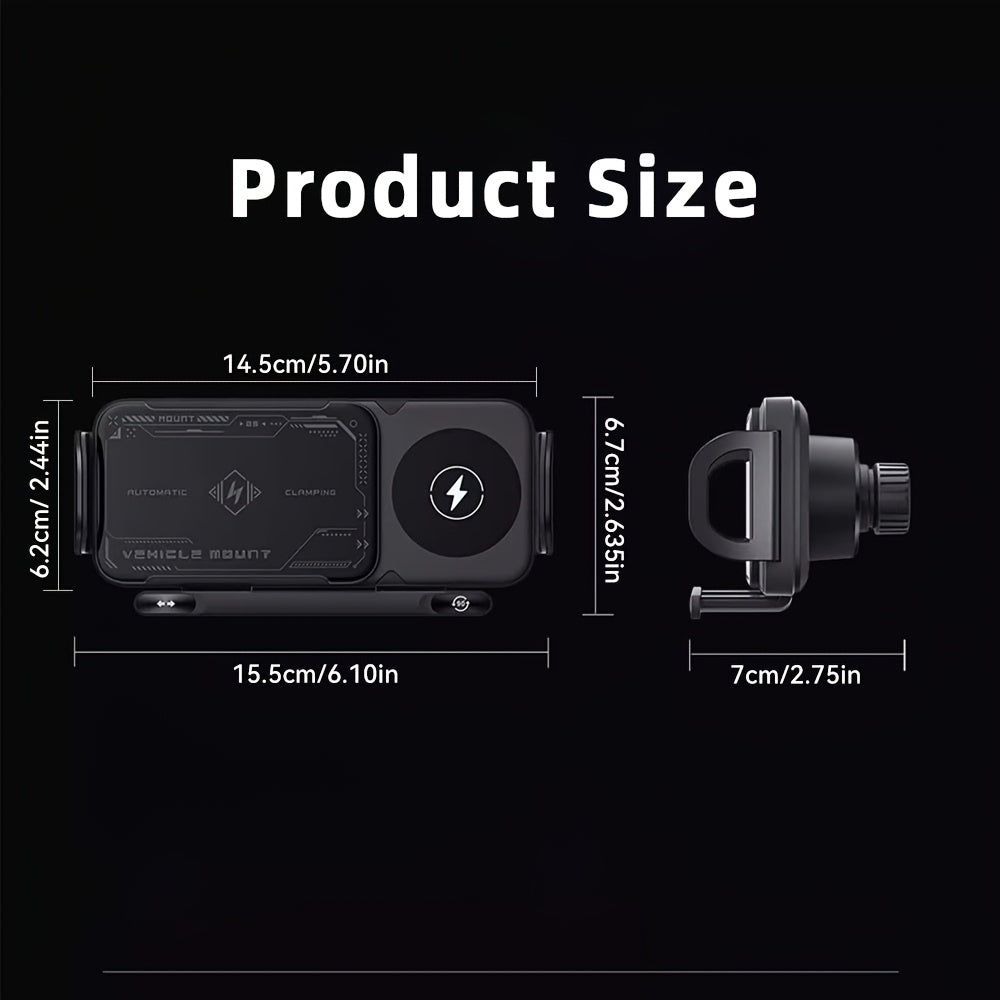 15W Wireless Car Charger Mount, Auto-Clamping, Electric Rotation, Fast Charging for iPhone 16/15/14/13/12 & Samsung Z Fold6/5/4, 4.3"-6.9" Phones