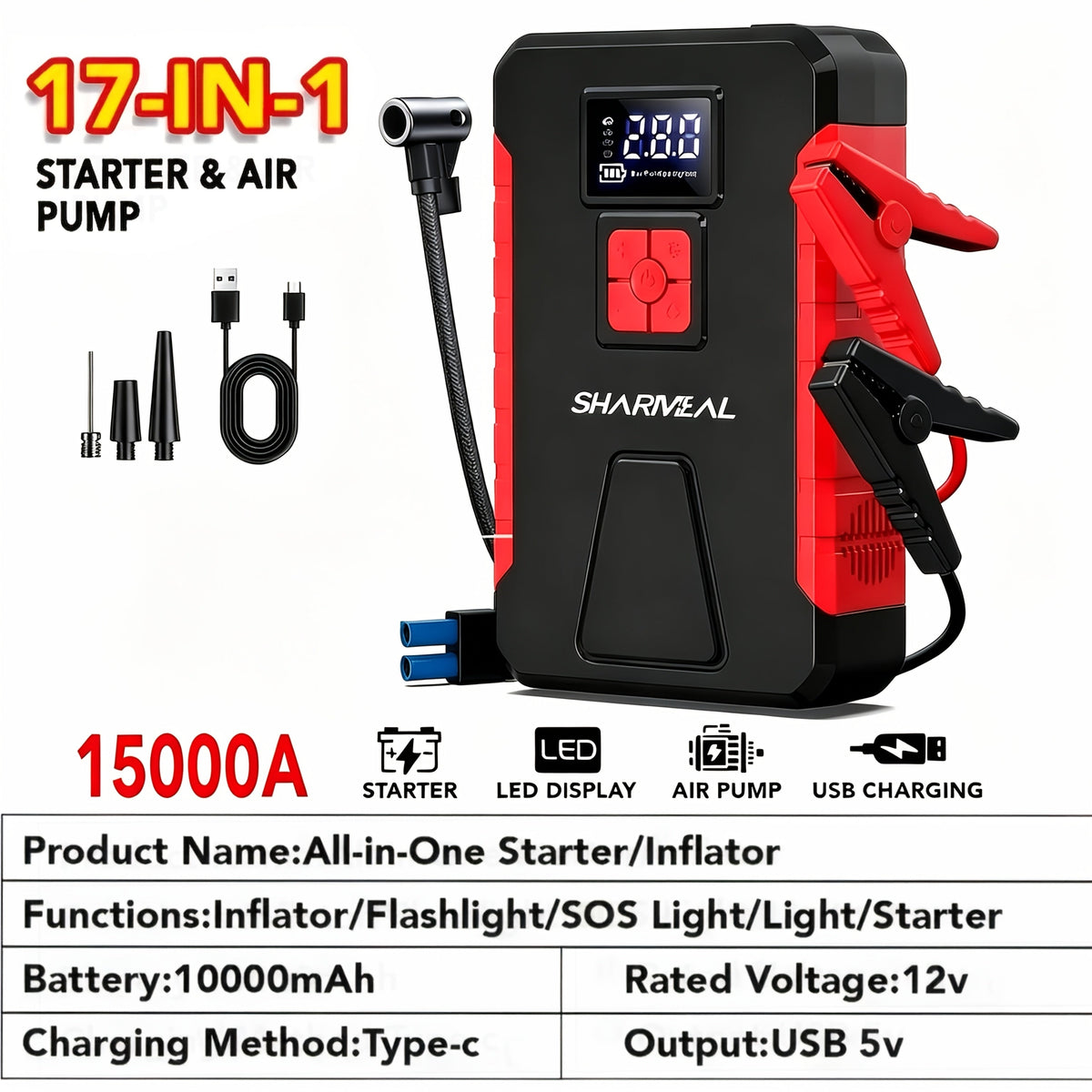 Portable Jump Starter with Air Compressor, 15000A-21000A Peak 350PSI 12V 17-in-1, Car Battery Charger with LED Light, for Cars Trucks SUVs