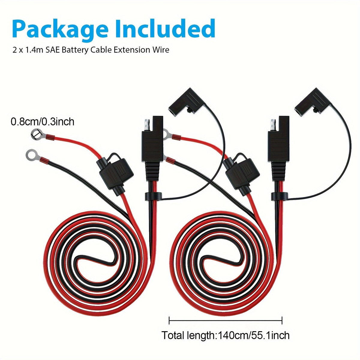 SAE Battery Cable Extension Wire with Inline Fuse – 2pcs | O-Ring Terminal Harness for Motorcycle, Car, ATV