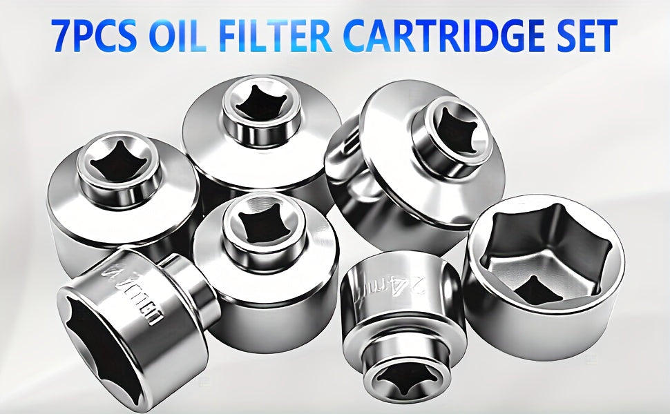 Oil Filter Socket Wrench Set 7-Piece – 24mm to 38mm CR-V Steel, 3/8" Drive Hex Cap Wrench Kit for Oil Changes, Universal Fit