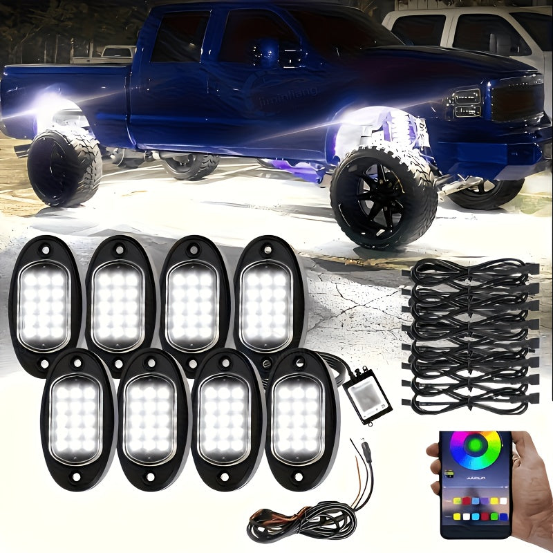 RGB-IC LED Rock Light Kit 4 or 8 Pods, APP & RF Control, Chasing Dream Color Underglow Downlight with Music Mode, 12V for Truck UTV Golf Cart Off-Road Vehicle