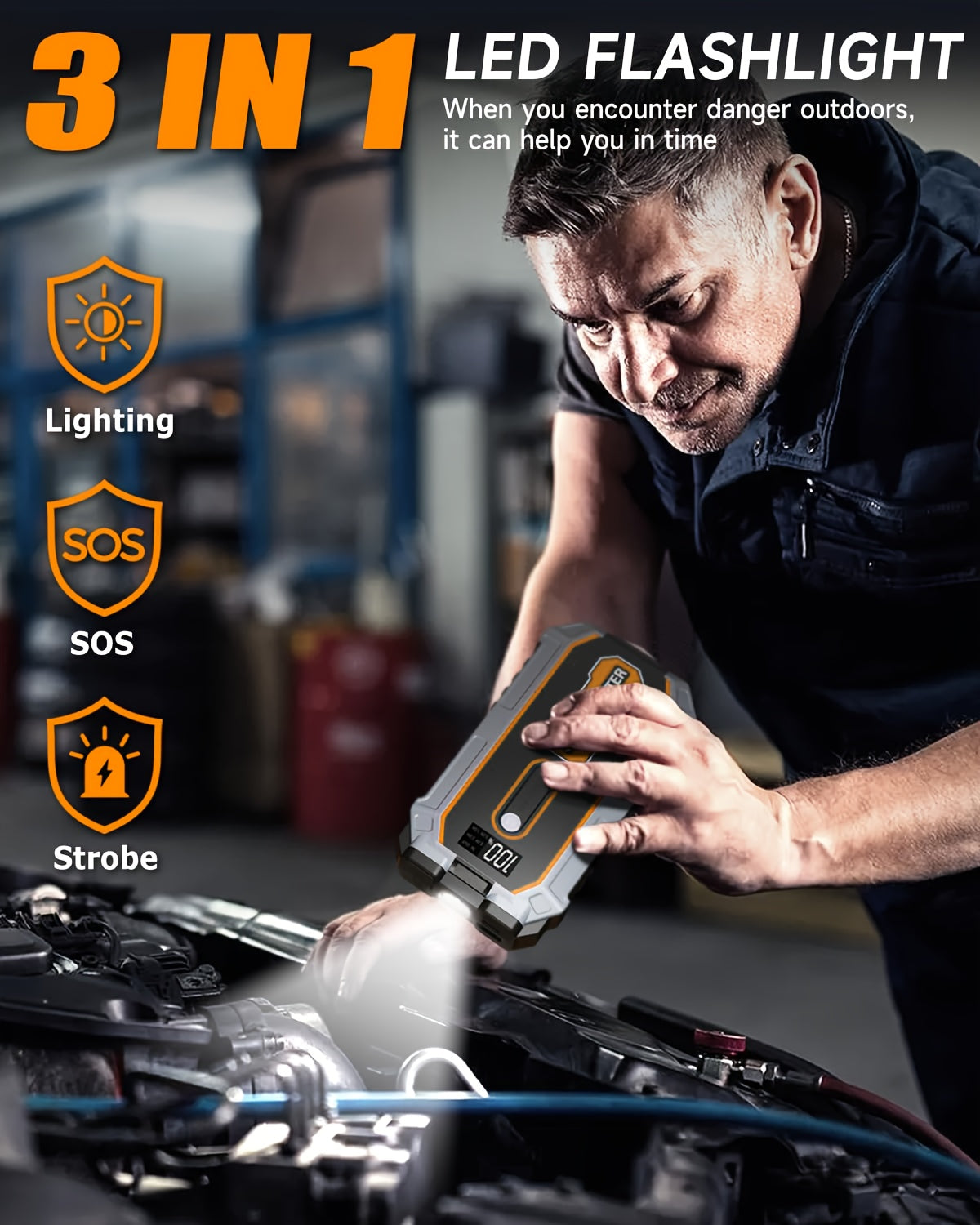 Jump Starter 6000A Peak All-in-One Portable Car Battery Booster Pack with USB Ports LED Flashlight Safety Hammer for 12V Cars SUVs Trucks