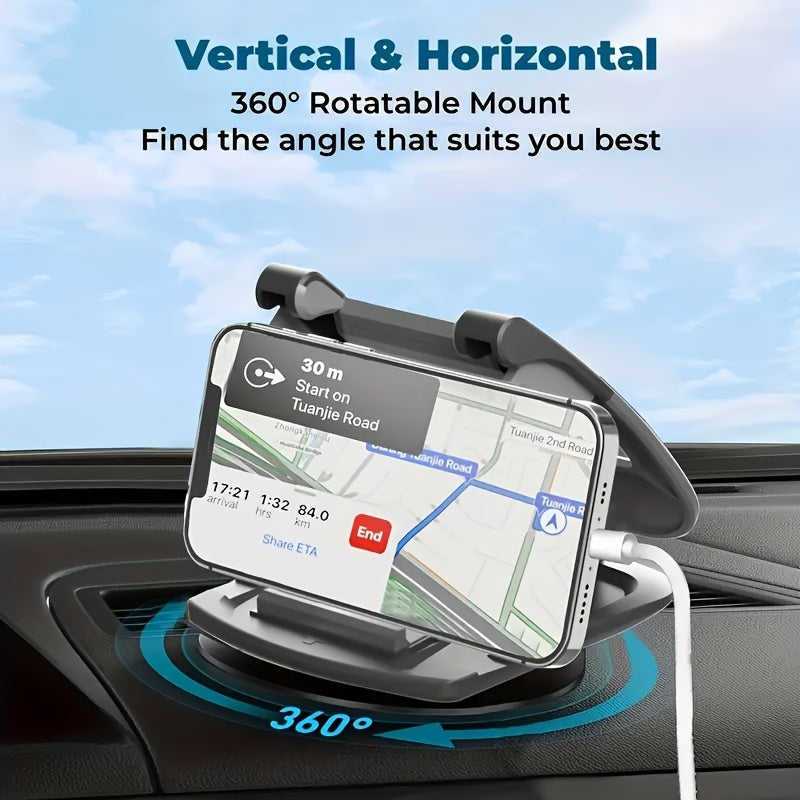 Dashboard Phone Holder for Car, 360° Rotating Universal Car Phone Mount Cradle for Hands-Free Driving, Adjustable Clamp Cell Phone Stand for iPhone Samsung Galaxy Android Smartphones