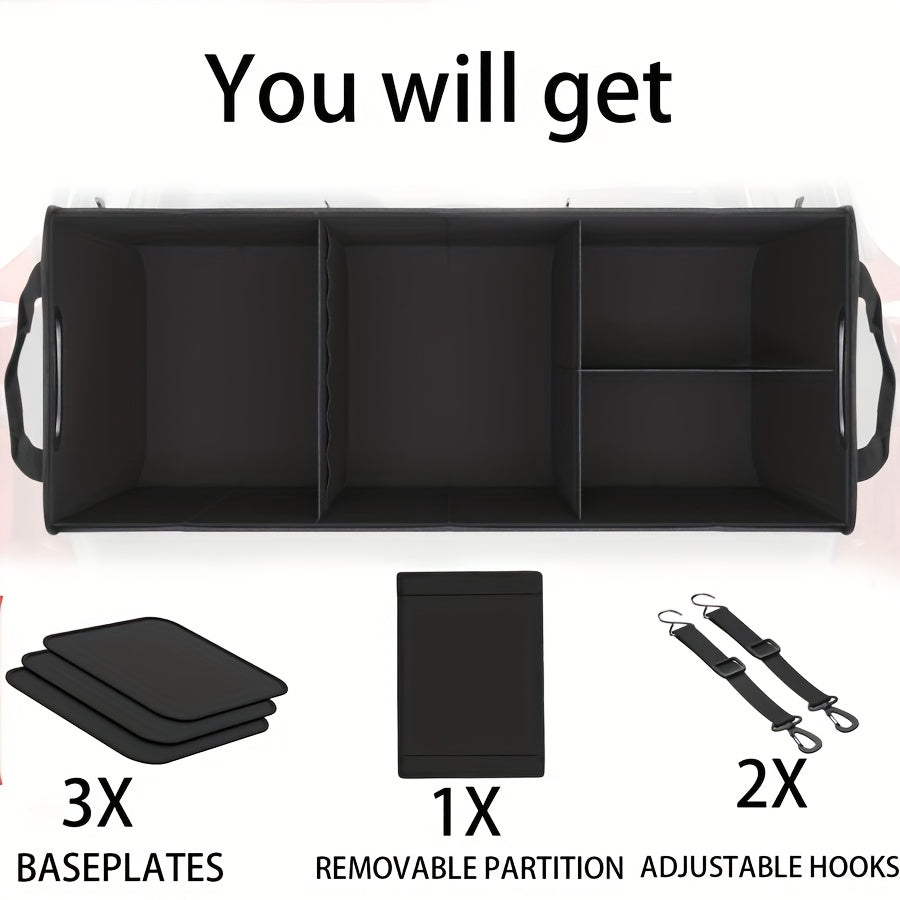 Foldable Car Trunk Organizer 95L 25gal 4 Compartments 2 Retractable Straps Collapsible Multi-Pocket Storage for SUV Truck Minivan Travel Camping Shopping Black