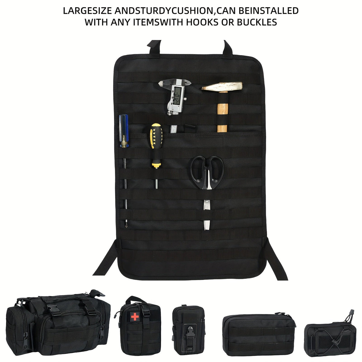 MOLLE Tactical Car Seat Organizer 5-Pocket – Heavy-Duty Nylon Seat Back Storage Bag | Universal Fit Jeep Truck SUV Off-Road Black