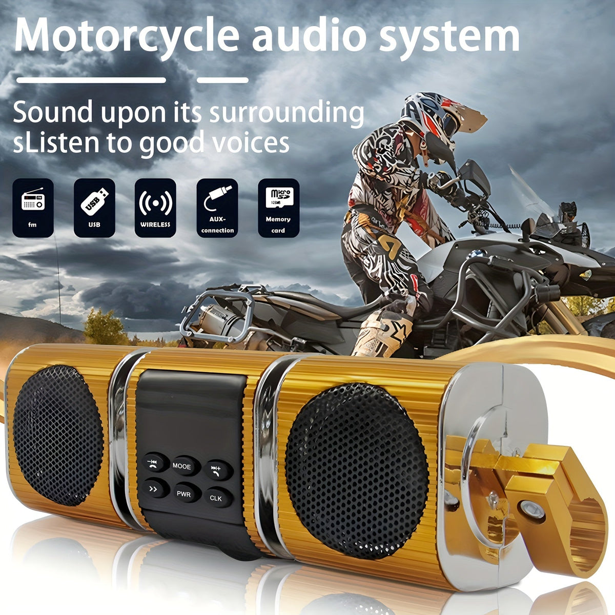 KORBROS Motorcycle Bluetooth Soundbar – IPX5 Waterproof, Built-in Amplifier, FM Radio, USB & AUX, 12V MP3 Player for Handlebar Mount