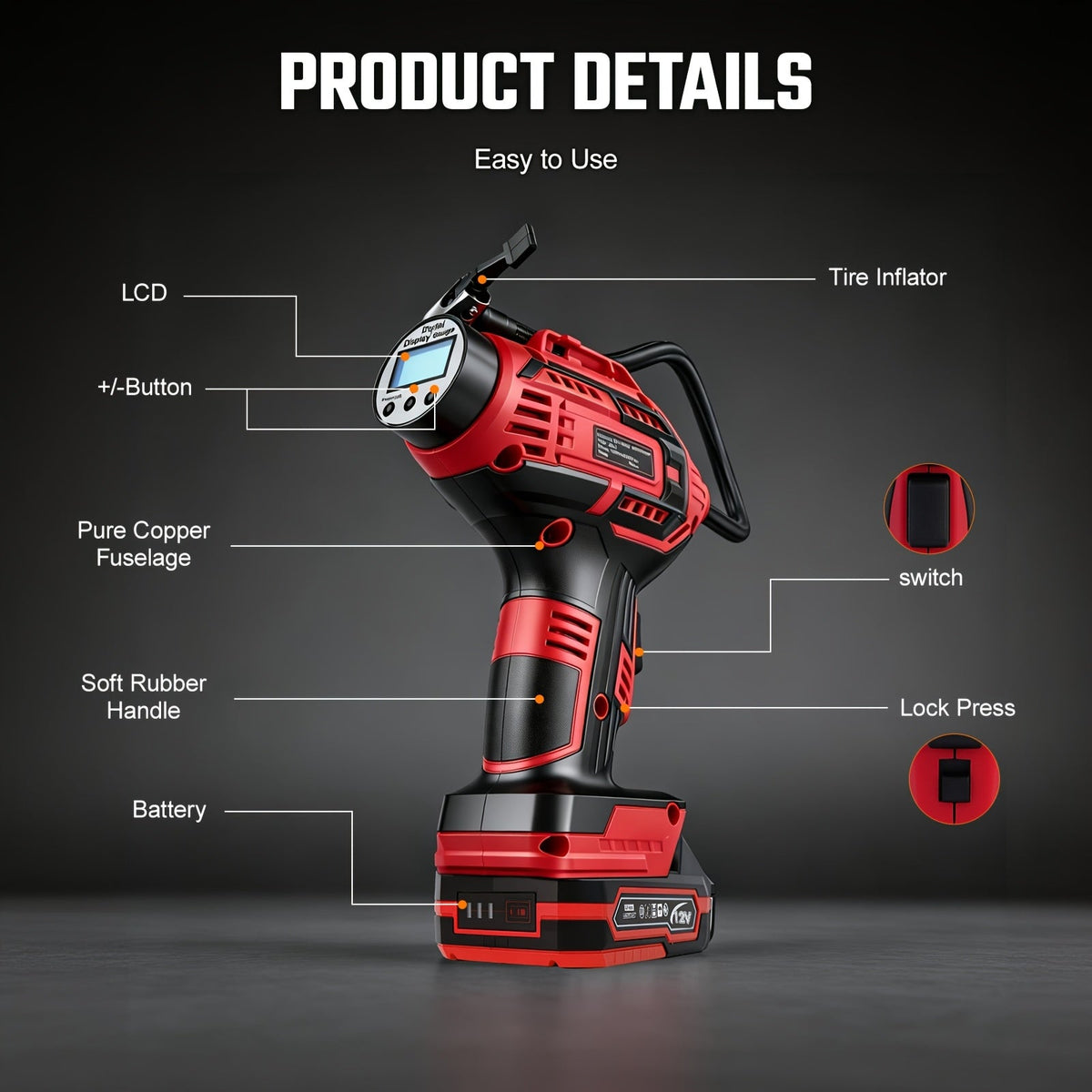 Cordless Tire Inflator 20V 980kPa – Portable Air Compressor with Digital Display, 1500mAh Battery, 12V Car Adapter & USB, for Cars Motorcycles Bicycles Balls