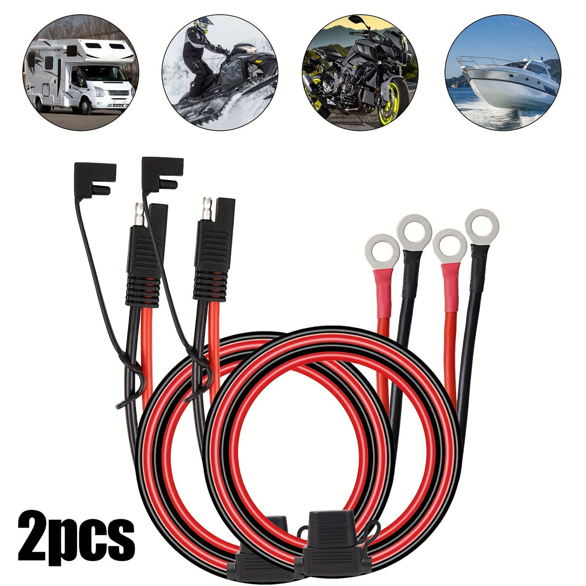 SAE Battery Cable Extension Wire with Inline Fuse – 2pcs | O-Ring Terminal Harness for Motorcycle, Car, ATV