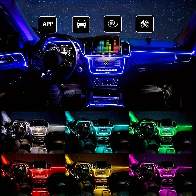 RGB Car Interior Ambient Light Kit - App & Voice Control, 8-Color LED Atmosphere Lighting for Dashboard Roof Console, USB Powered