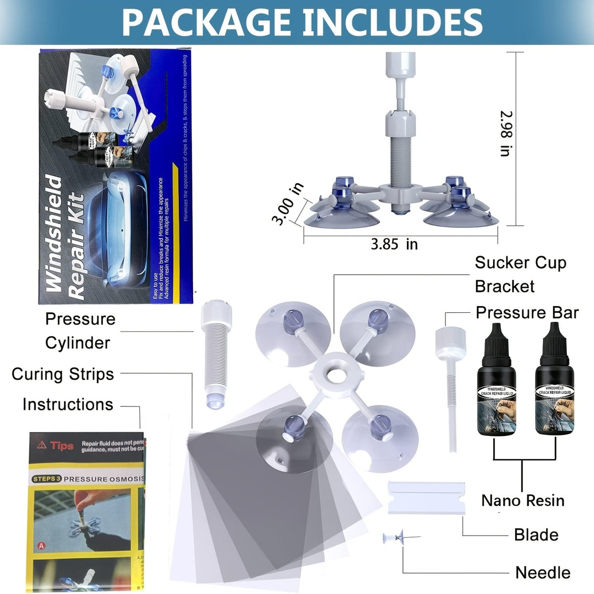Windshield Repair Kit – DIY Chip & Crack Fix in 20 Min, Pressure Injector, Repair Fluid for Bullseye Star Half-Moon Cracks | Portable All-in-One Set