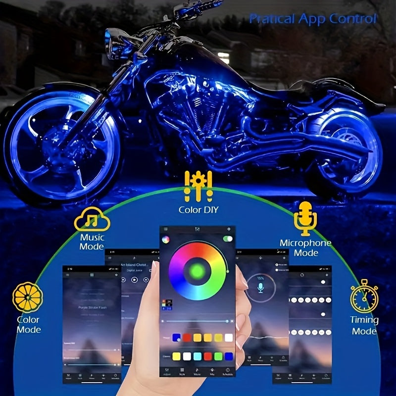 RGB Motorcycle LED Light Strip 6-in-1 12V App Control Sound Sync Decorative Atmosphere Lights for Motorcycle 48LED Footwell Lamp No Battery Required