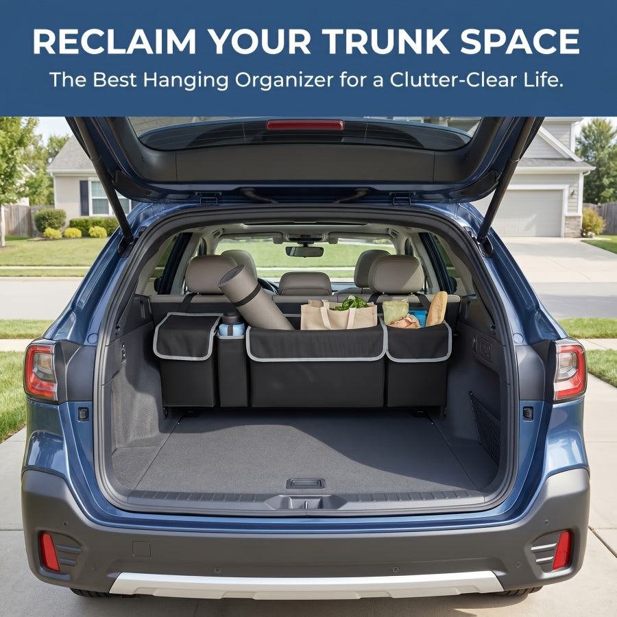 Car Trunk Organizer Foldable – 4-Pocket Rear Seat Hanging Storage Bag for SUV Truck MPV Jeep | Cargo Purse Holder Universal Fit Black