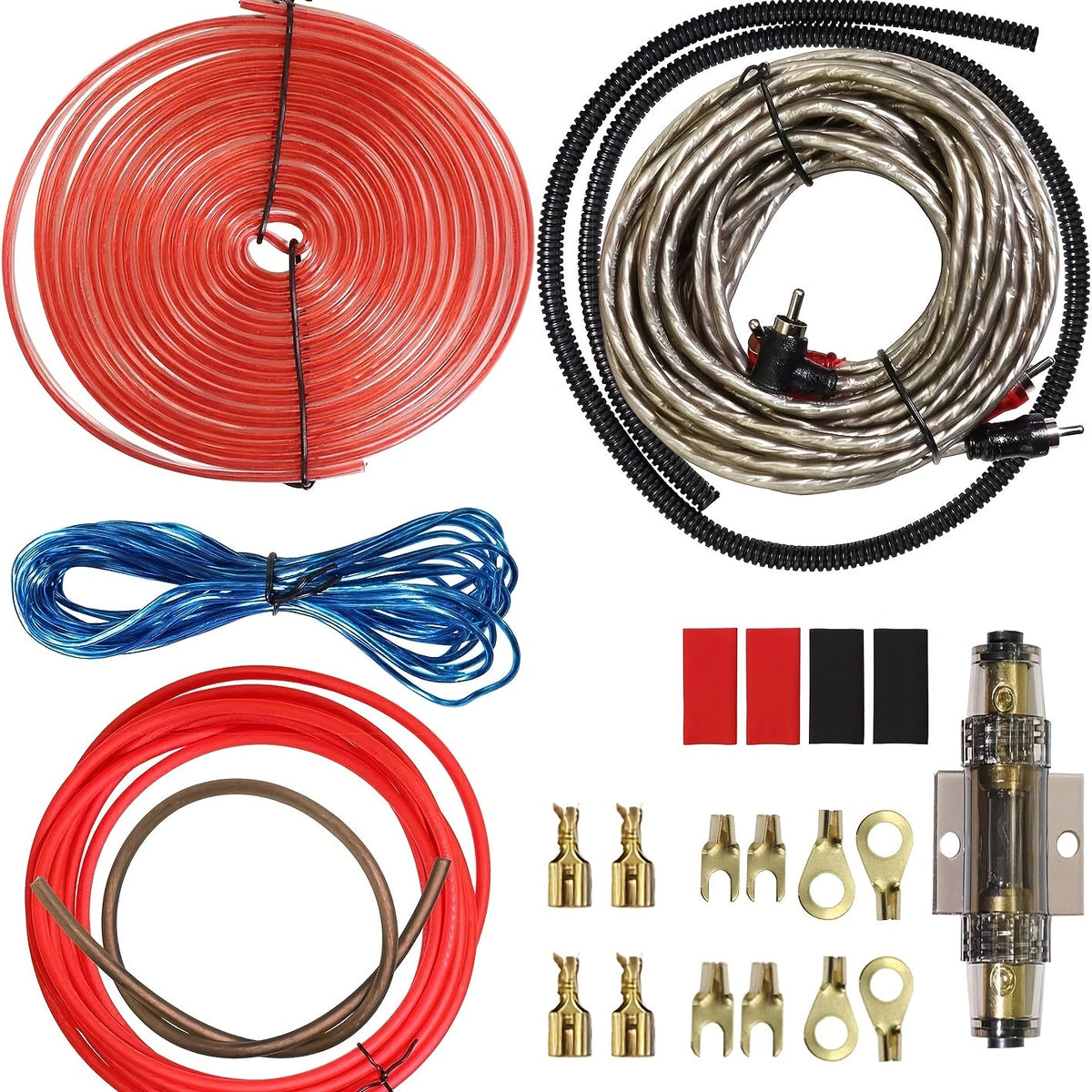 4 Gauge Amplifier Install Kit 2300W – CCA Power & Ground Wire, RCA, Speaker Wire, Remote Wire, AGU Fuse Holder & Accessories