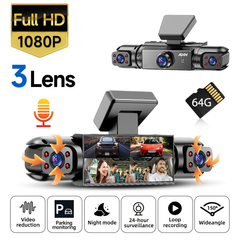Dash Cam 360° Panoramic 3/4 Lens – 1080P HD Front + 720P Rear Left Right, Quad-Split Screen, Night Vision, G-Sensor, Loop Recording, WDR Car Camera