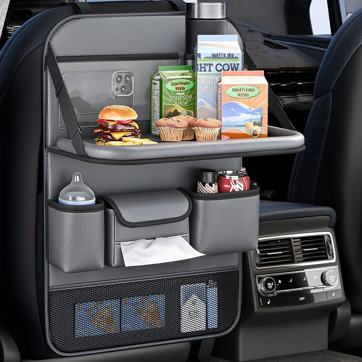 Car Seat Back Organizer with Folding Dining Table & Cup Holder – Premium PU Leather, Spacious Storage, Travel Accessories | 1pc & 2-Pack, Multi-Color