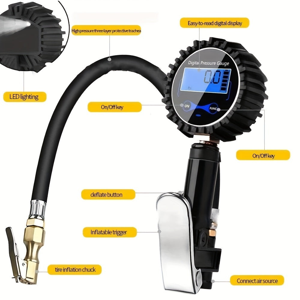 Digital Tire Pressure Gauge Inflator 0-200 PSI LCD Backlight Pistol Grip Aluminum Alloy for Car Truck Motorcycle Bike with 3 Connectors