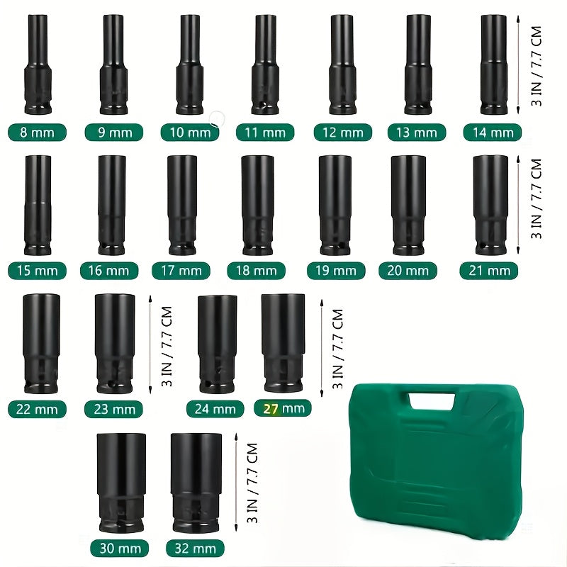 20-Piece 1/2" Drive Metric Deep Impact Socket Set 8mm–32mm – CR-V Hex Sockets for Electric Wrench & Automotive Repair