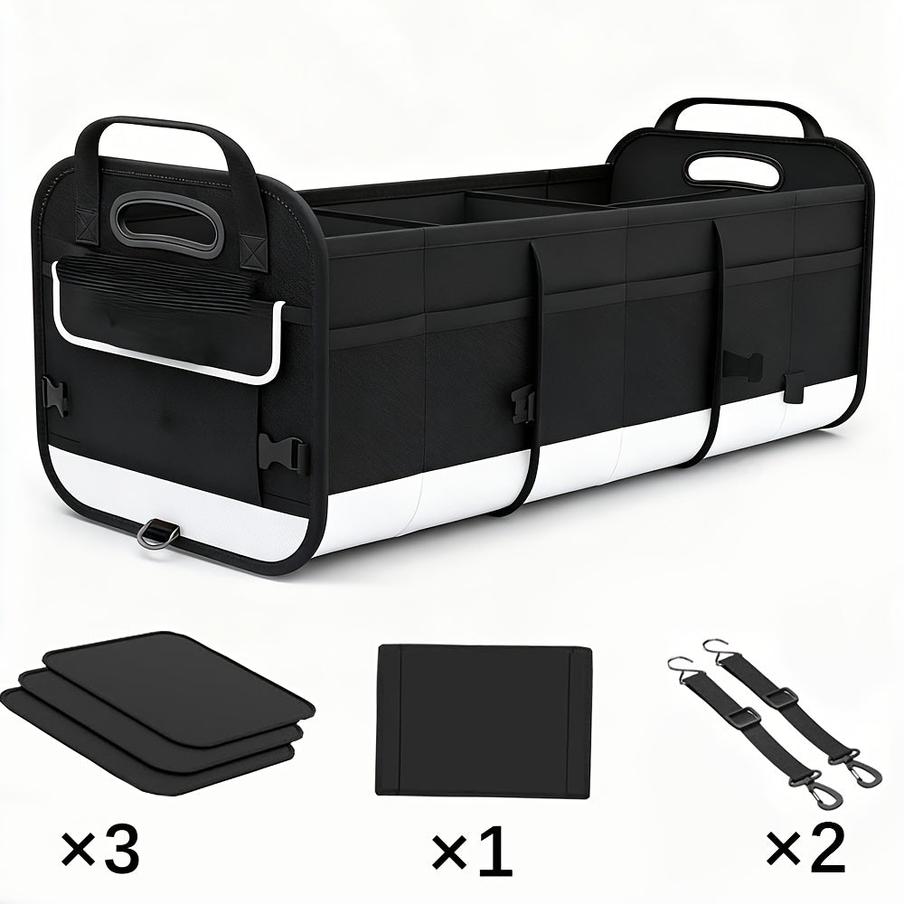 Foldable Car Trunk Organizer 95L 25gal 4 Compartments 2 Retractable Straps Collapsible Multi-Pocket Storage for SUV Truck Minivan Travel Camping Shopping Black